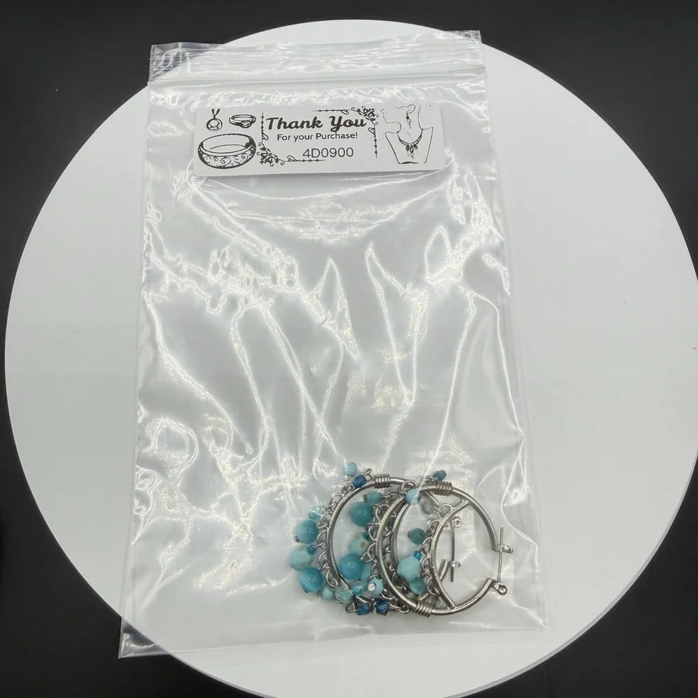Silver Tone Turquoise Blue Beaded Chandelier Hoop Earrings Boho Statement Gift